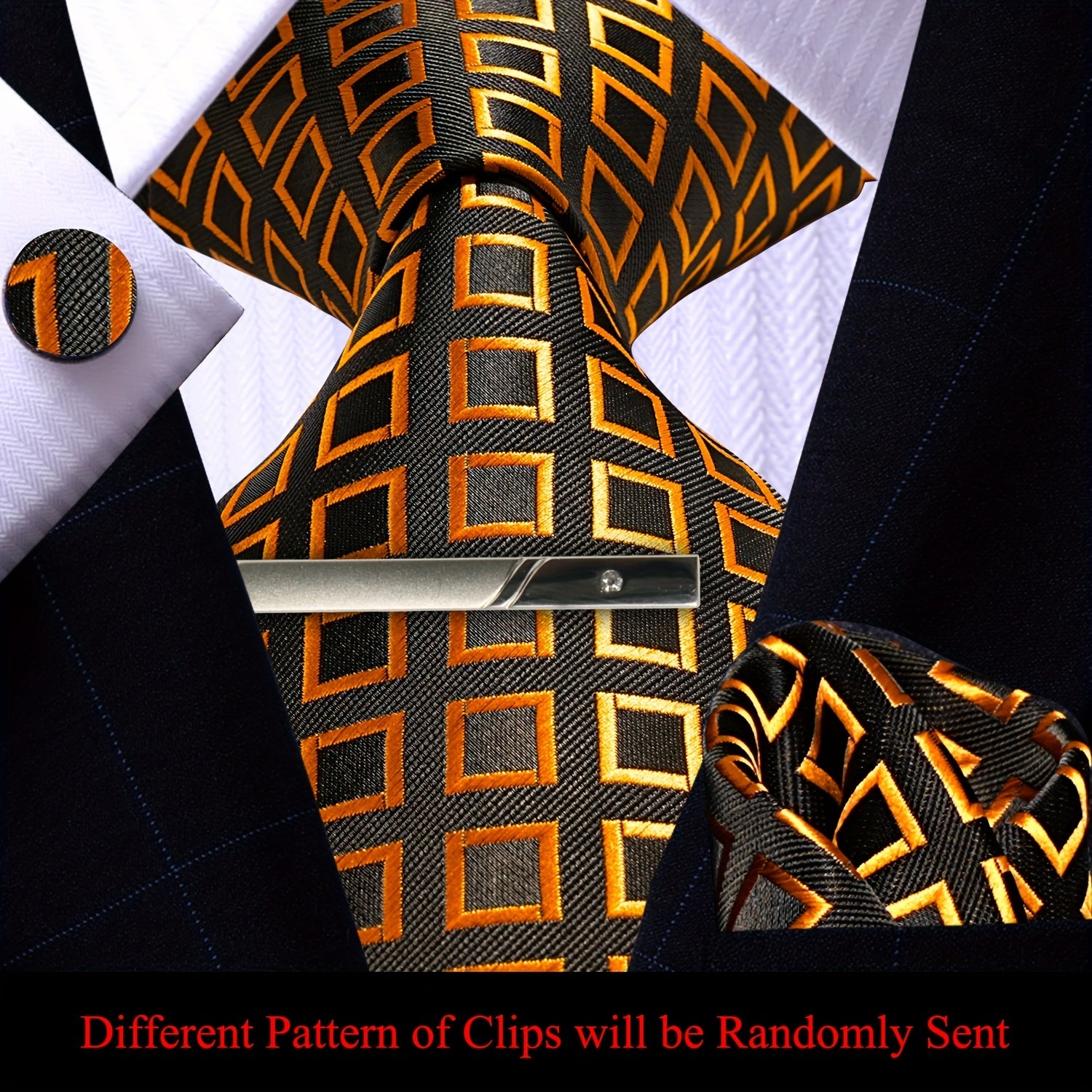 Men's Plaid Tie Pocket Square Cufflinks and Clip Set