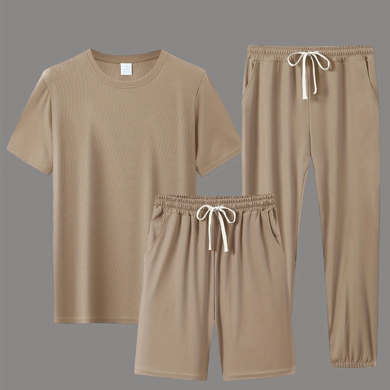 Men's Polyester Casual Sports Outfit with Short-Sleeve T-Shirt Shorts and Long Pants for Running and All-Season