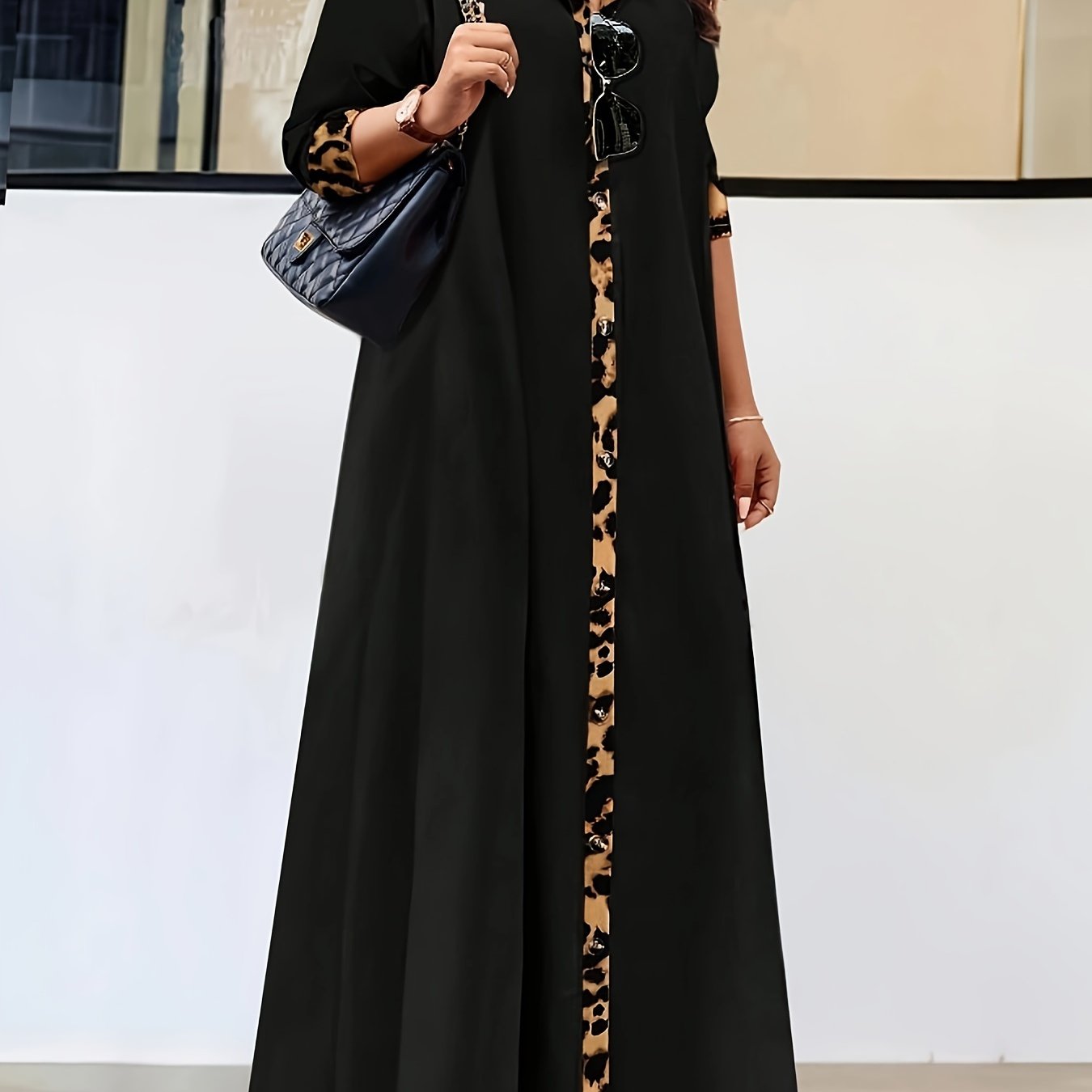 Plus-Size Leopard Print Dress with Collar Long Sleeves and Elegant Skirt for Spring and Autumn