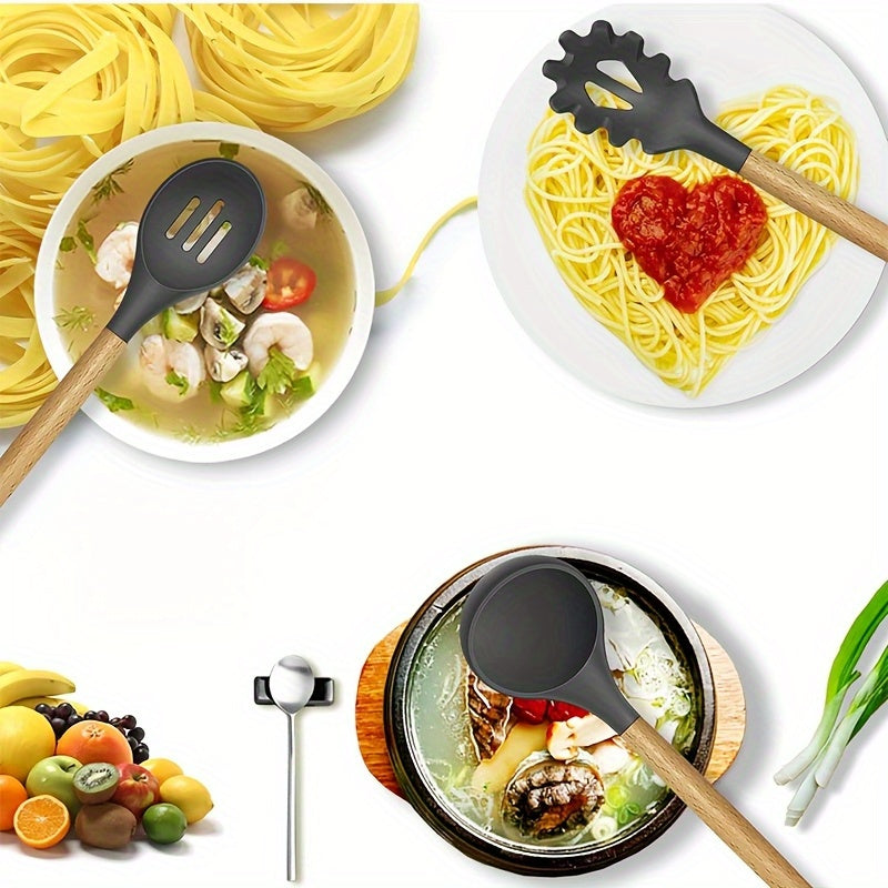 Silicone Kitchen Utensil Set 12 Pieces Non-Stick Food-Safe Cooking Tools with Wooden Handles