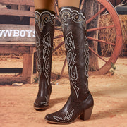 Женские западные сапоги выше колена с вышивкой, кофейный цвет, каблук-блок