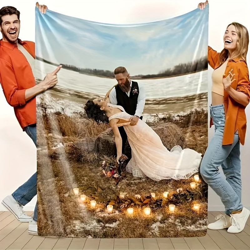 Personalized Floral Pattern Photo Print Throw Blanket All-Season Stain-Resistant Polyester