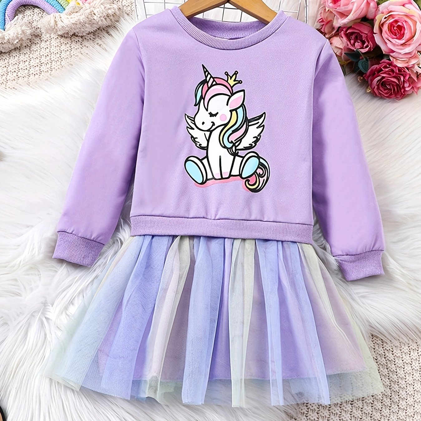Girls Rainbow Tutu Dress with Unicorn Print Long Sleeve Midi Autumn Spring