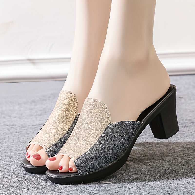 Women's Summer Sandals with Thick High Heels Open Toe Slip-On Anti-Slip Mid-Heel Fashionable