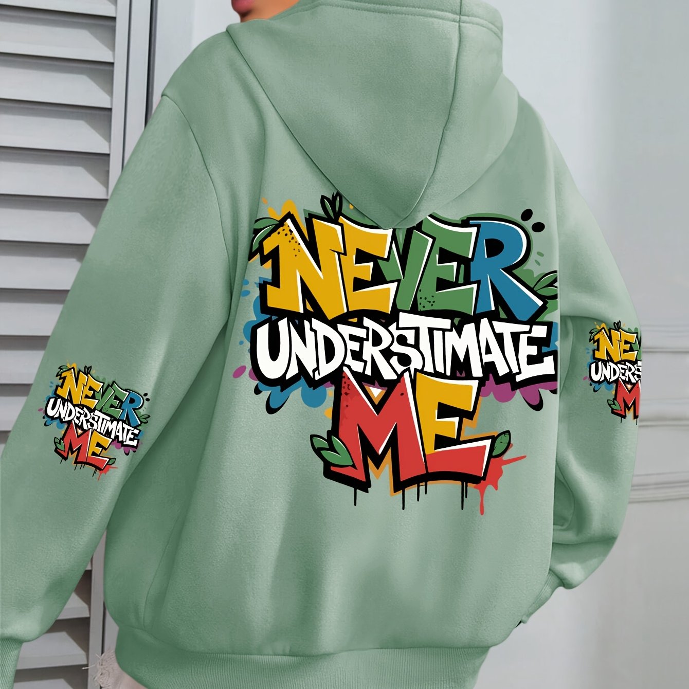 Plus Size Women’s Hoodie Fleece-Lined Graffiti Print Green Fall Winter