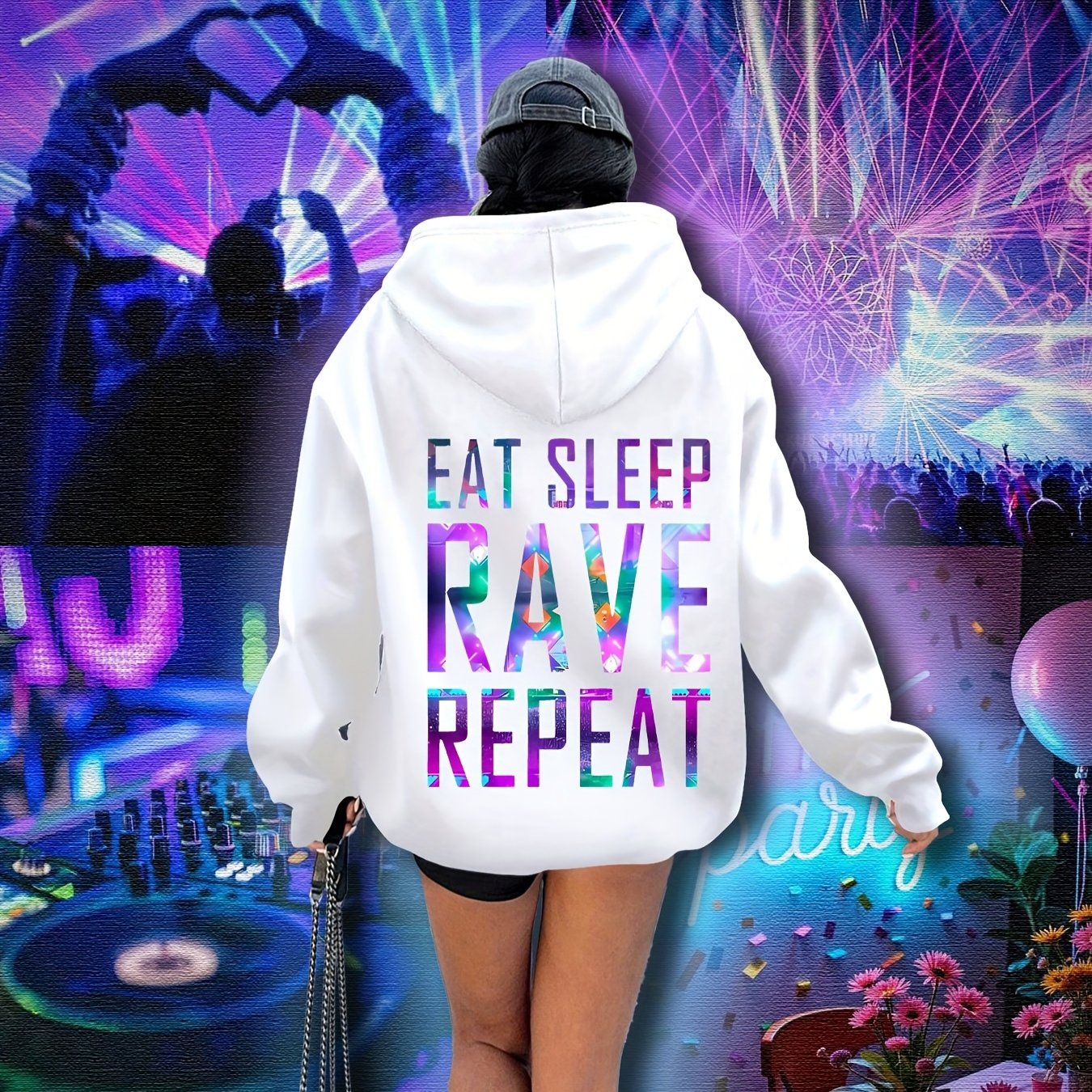 Sudadera con capucha gráfica de talla grande para mujer, festival de música rave, luces, casual, de sobreponer