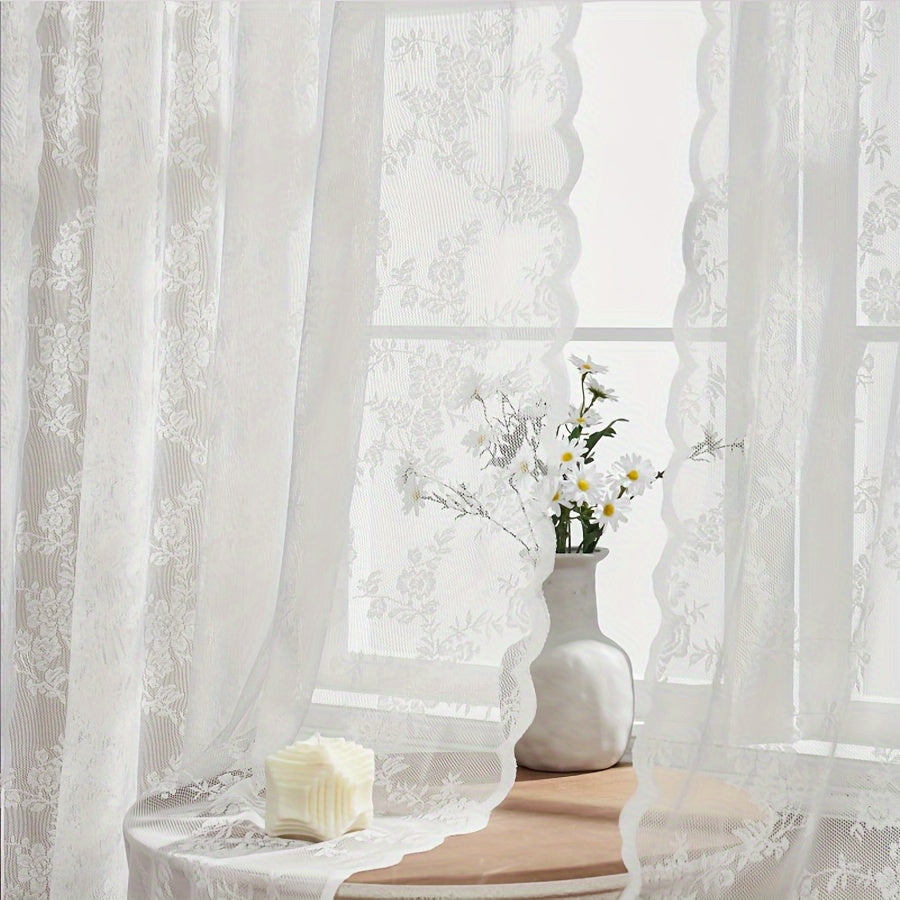 White Lace Sheer Curtain with Floral Design UV Protection Rod Pocket Window Treatment for Living Room Bedroom