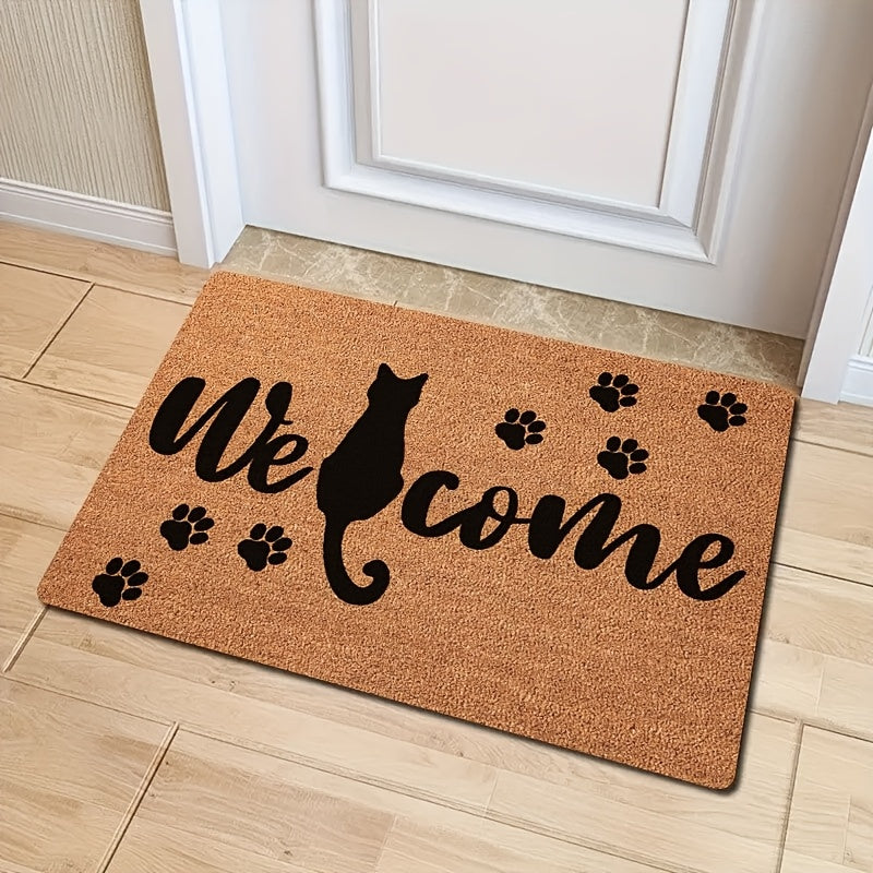 Cat Welcome Doormat Stain-Resistant Polyester Indoor Outdoor Black Cat Silhouette