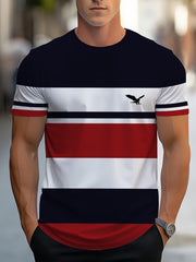 Camiseta de hombre de poliéster a rayas, cuello redondo, manga corta, casual, verano, transpirable, impresión digital