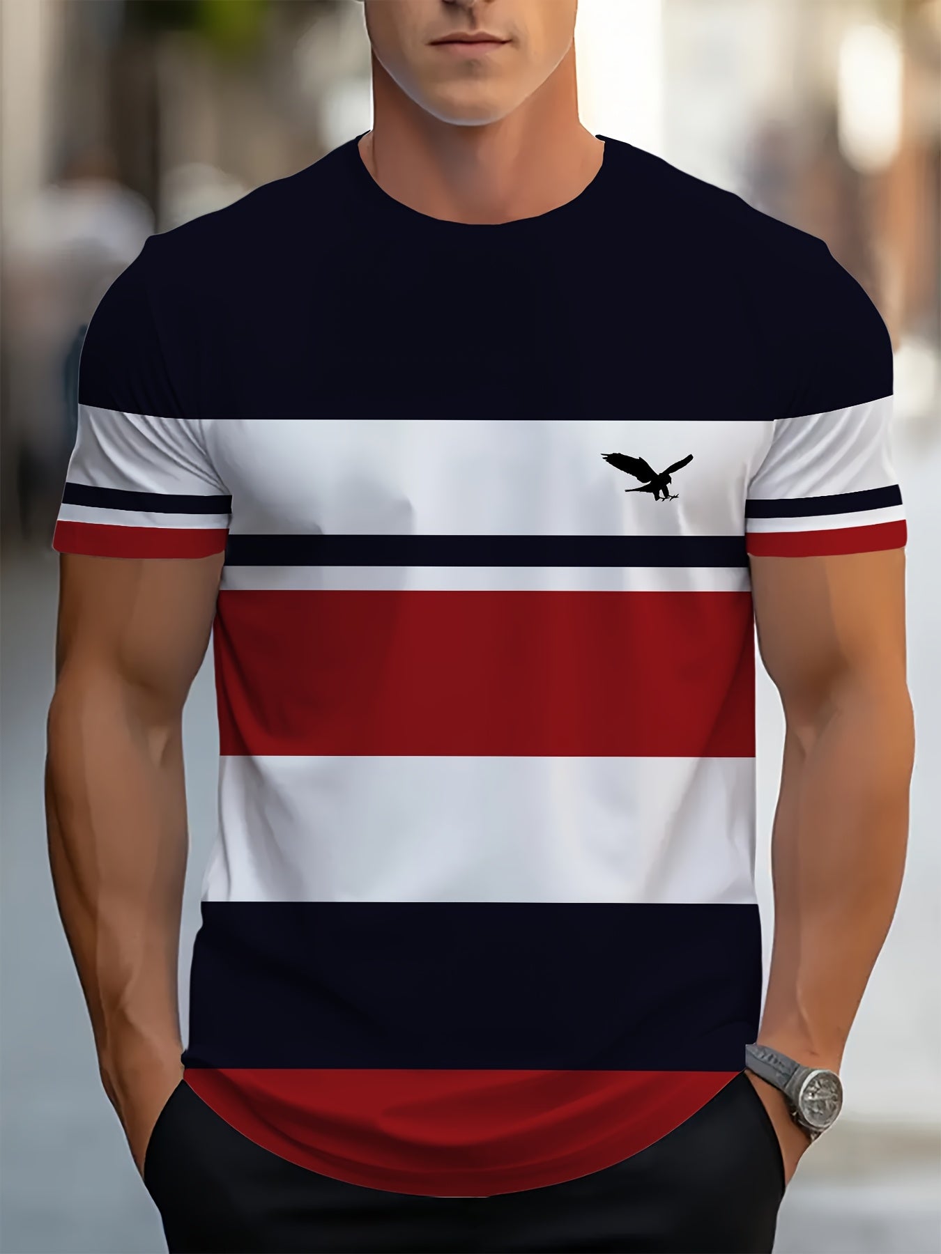 Camiseta de hombre de poliéster a rayas, cuello redondo, manga corta, casual, verano, transpirable, impresión digital