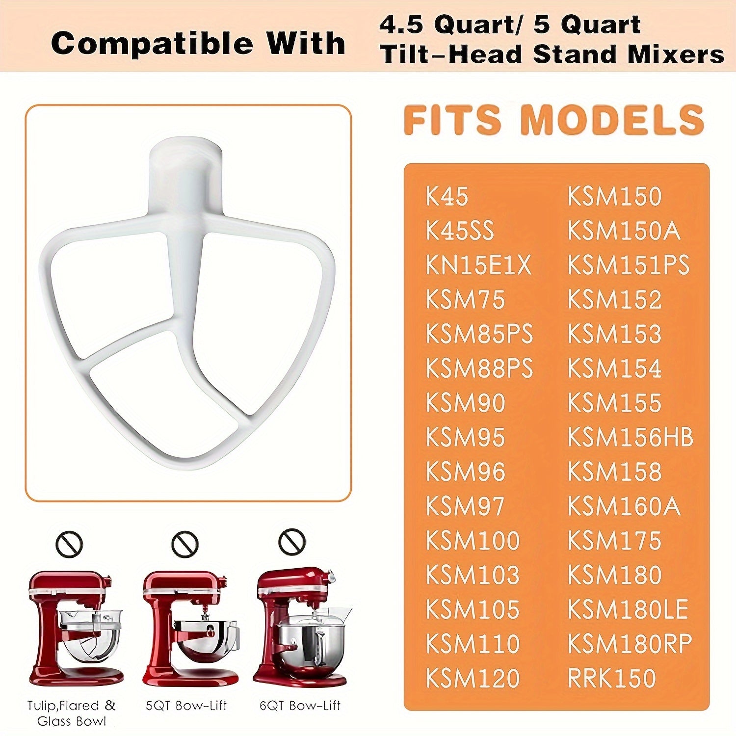 4.5 Quart Wire Whip and Beater Set for Tilt-Head Stand Mixers with Flat Coated Paddle and Silicone Edges