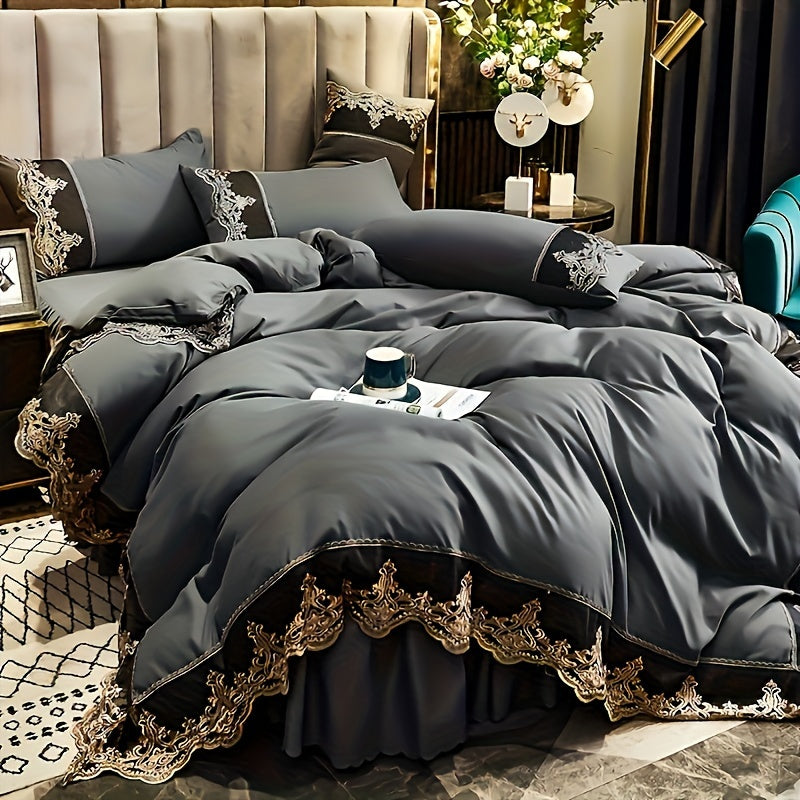 Lace Bedding Set with Quilt Cover and Pillowcases in Multiple Colors Solid Pattern All-Season Polyester
