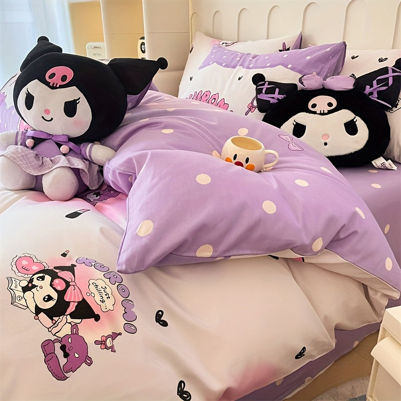 4-Piece Purple Cartoon Bedding Set with Quilt Cover Pillowcases and Sheet 200x230cm