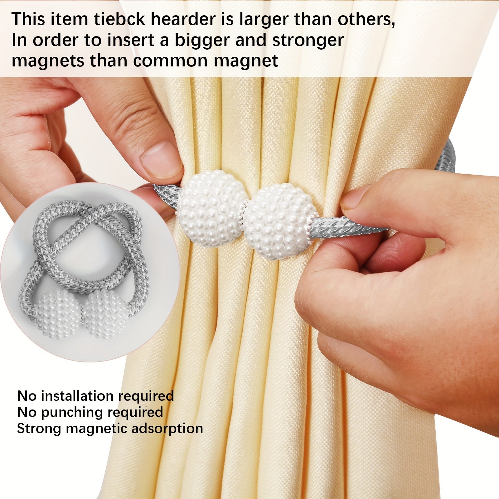 Ikki zamonaviy poliester ipidan yasalgan, marvaridga o'xshash to'plar bilan bezatilgan elegant magnit parda bog'ichlari. Ushbu dekorativ deraza pardalari bilan uy yoki ofis bezatishingizga zamonaviy uslub qo'shing. Zamonaviy dizayn va to'p bezaklari.