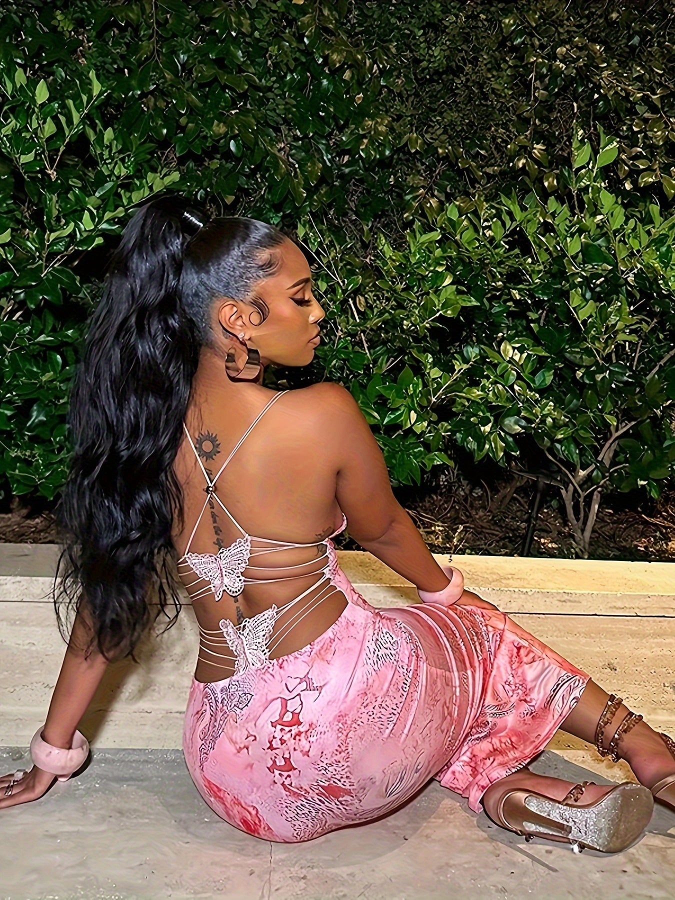 Women's Floral Mesh Slip Dress with Butterfly Pattern Backless Babydoll Lingerie