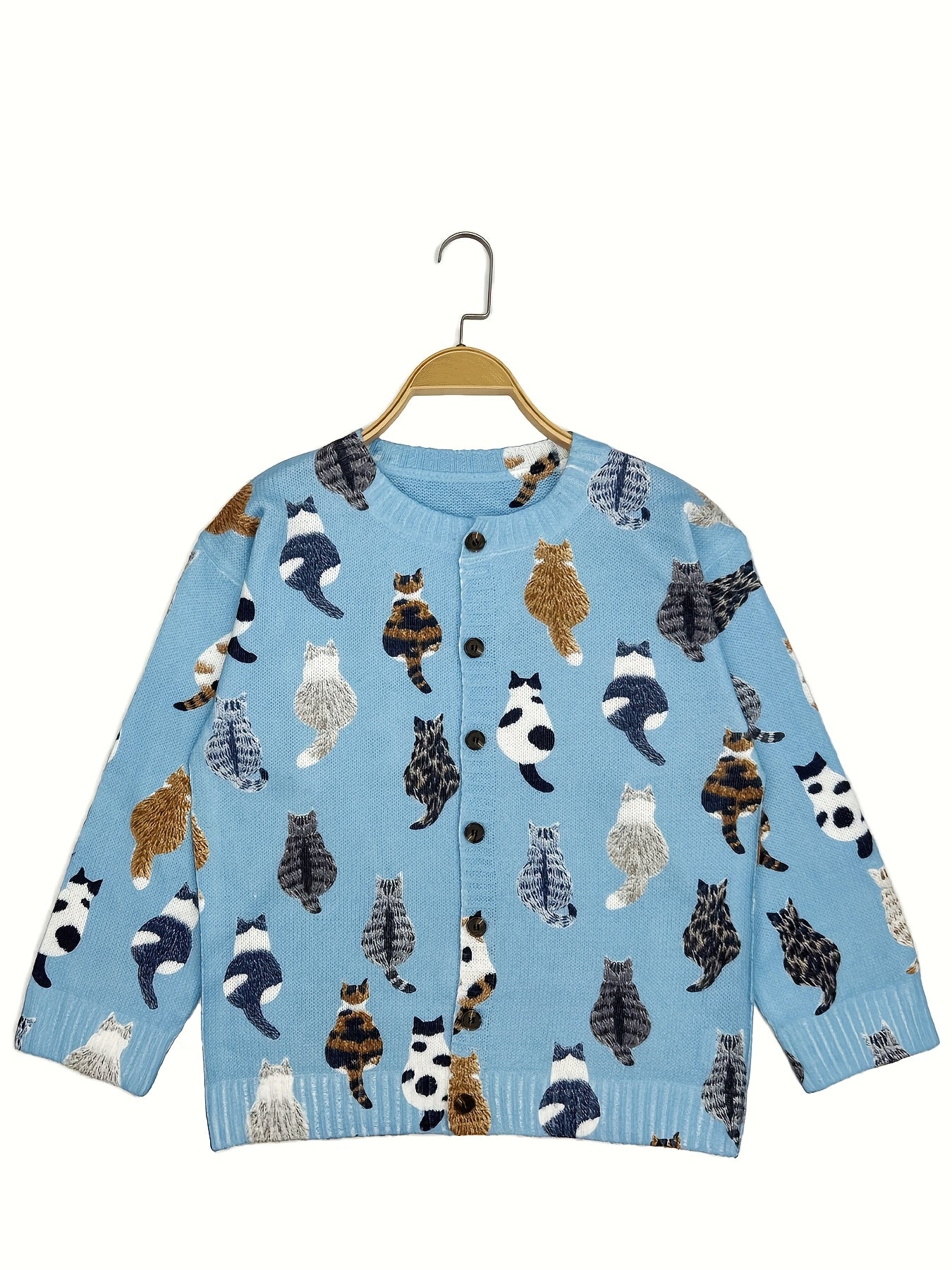 Plus Size Women's Light Blue Cat Print Cardigan Long Sleeve Open Front Sweater