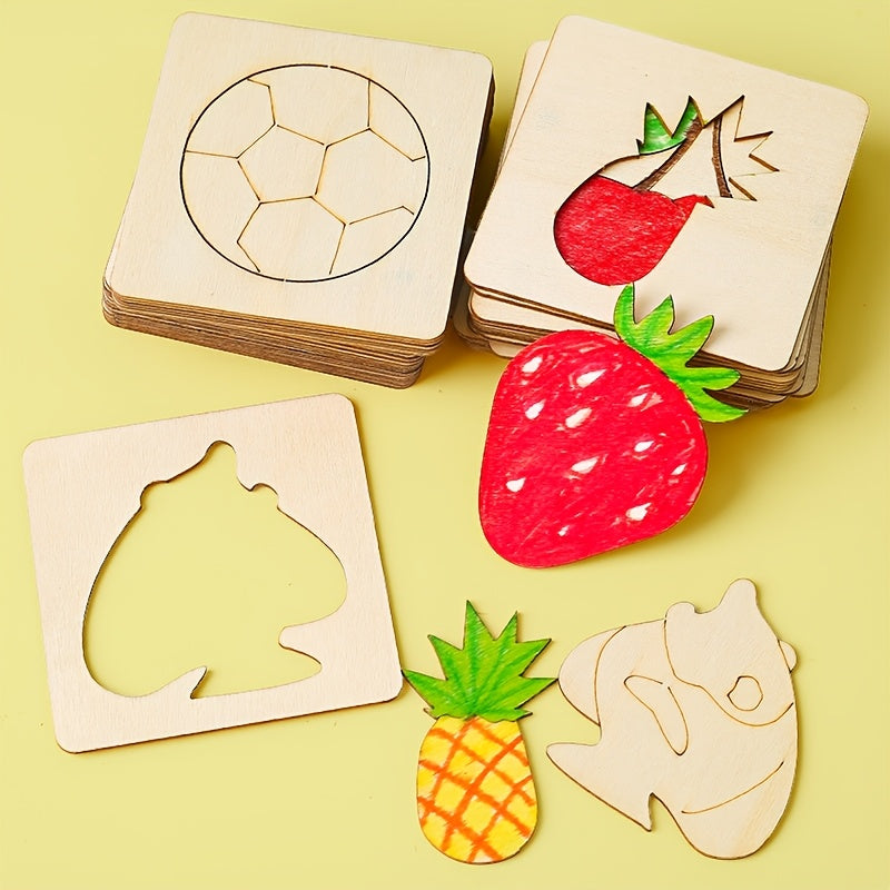 Wooden Craft Stencils Set 20pcs Animal and Fruit Designs Apricot for Kids Art and Craft Projects
