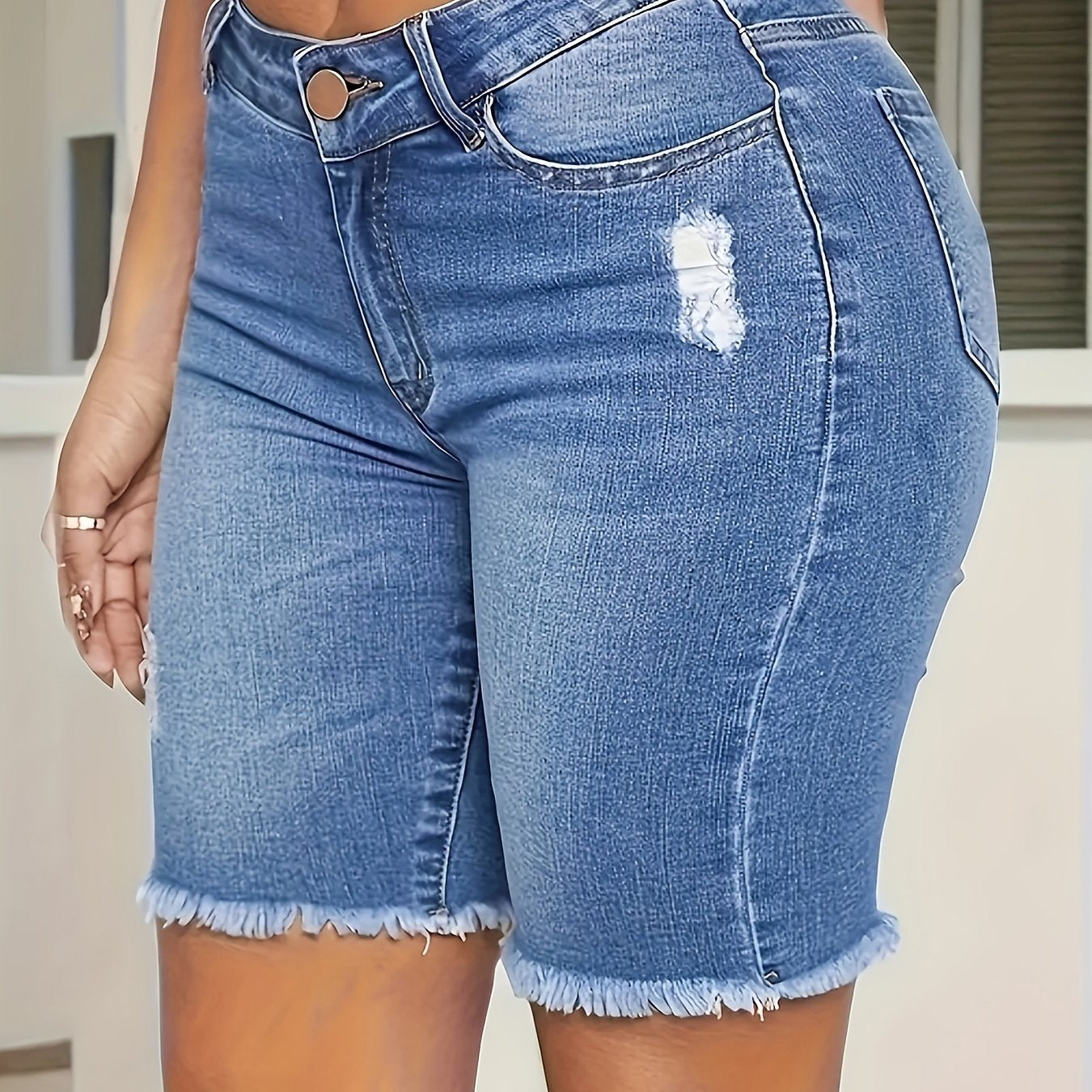 Women's Plus Size High Waist Distressed Denim Bermuda Shorts Frayed Hem