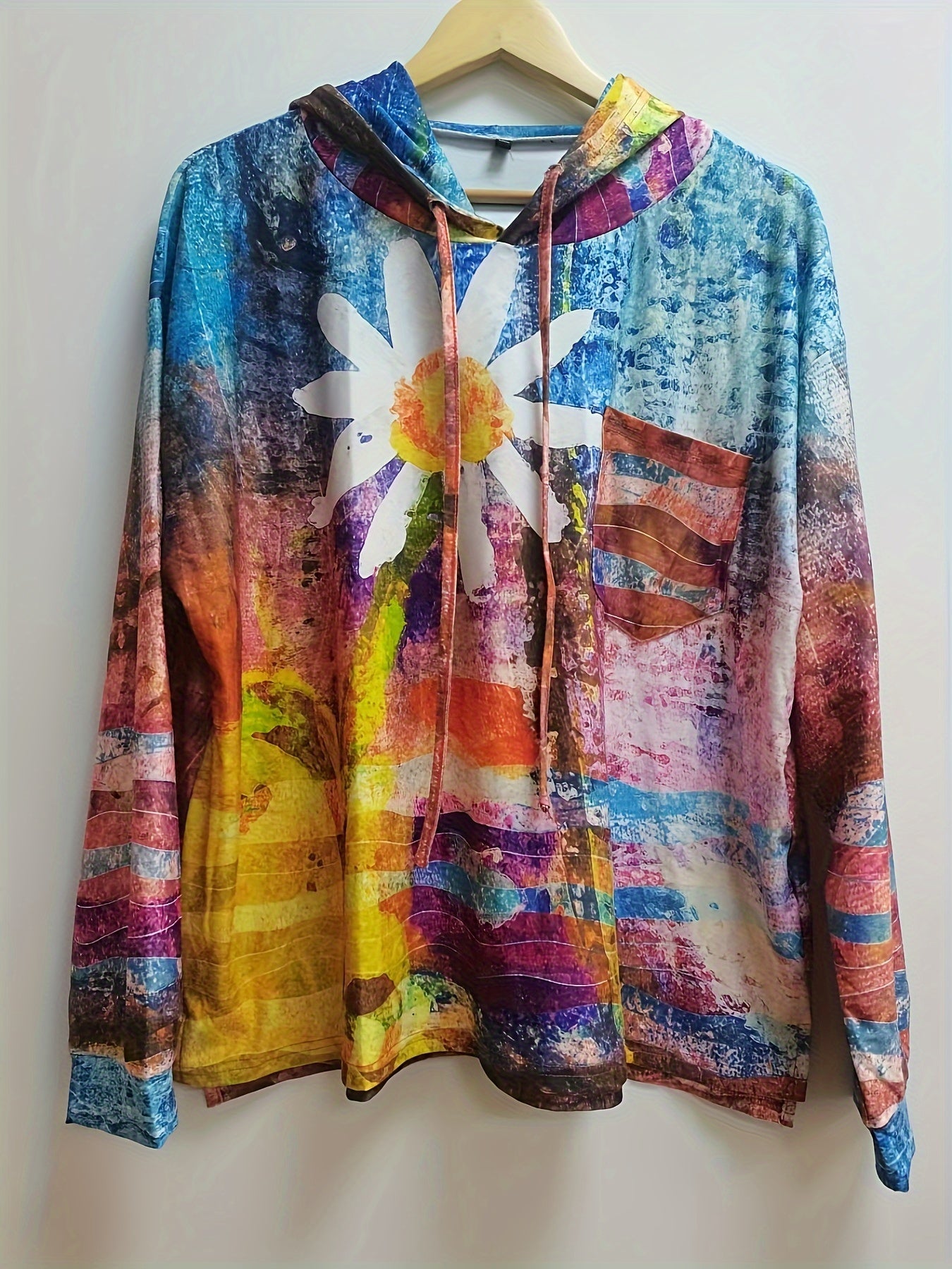 Толстовка с цветочным принтом и регулируемым капюшоном для полных женщин, длинные рукава, осень-зима