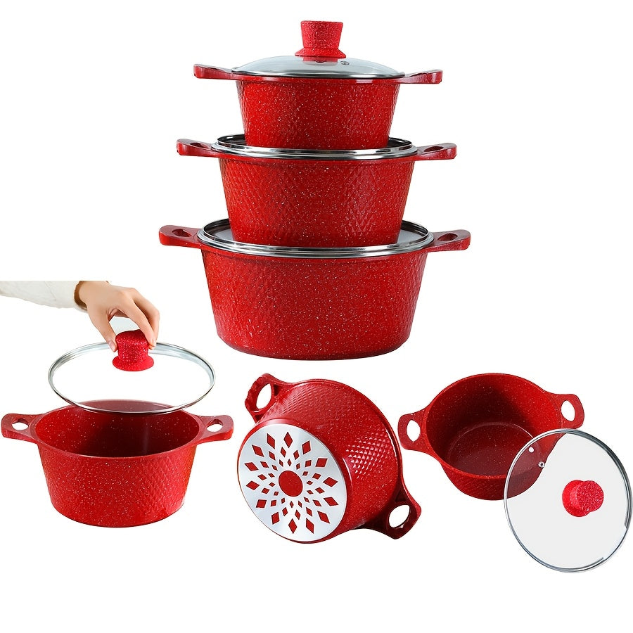 Qopqoq bilan qizil rangli mustahkam oshxona qozonlari va skovorodkalari to'plami, alyuminiy yopishqoq idishlar, gaz pechida pishirish uchun ideal - Ko'p maqsadli pishirish qozoni, qozon va qovurish skovorodkasi kiradi.