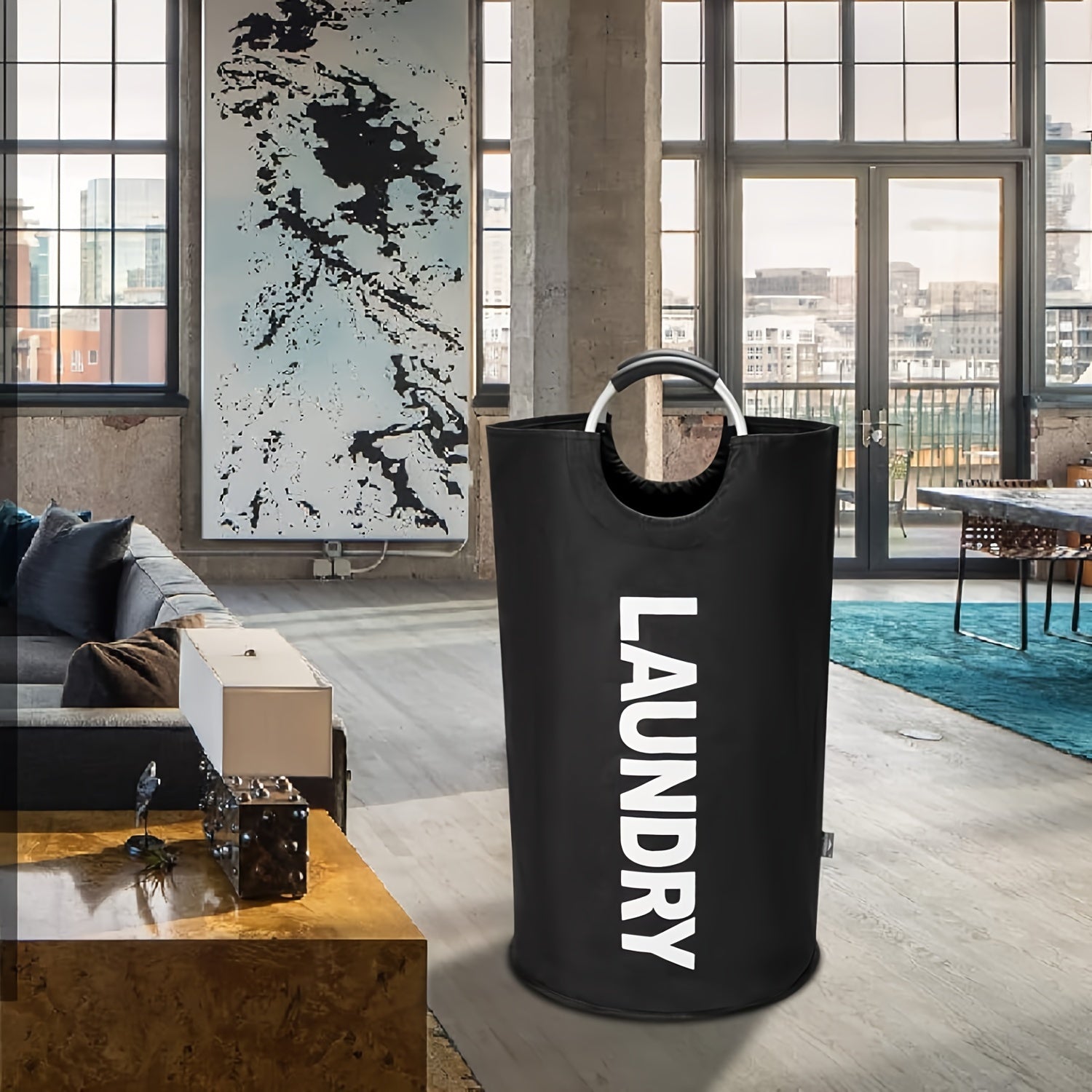 Black Laundry Hamper 90L Collapsible Waterproof Nylon with Aluminum Handles