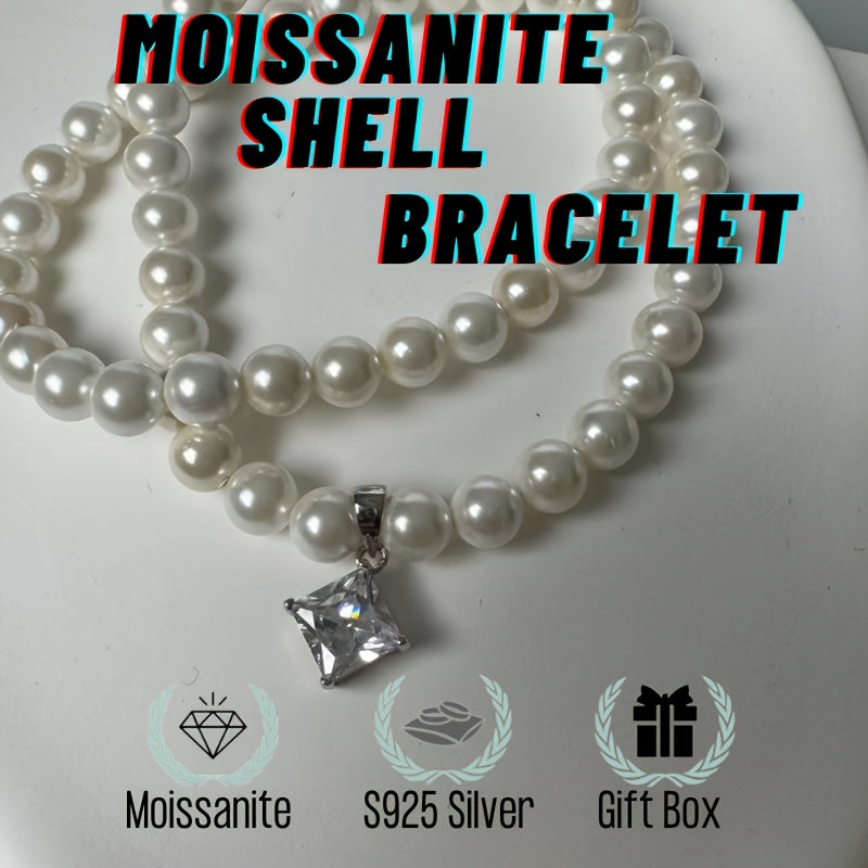 Princess Cut Pendant Necklace with Natural Pearl Beads and Moissanite in Sterling Silver and Gold Plating