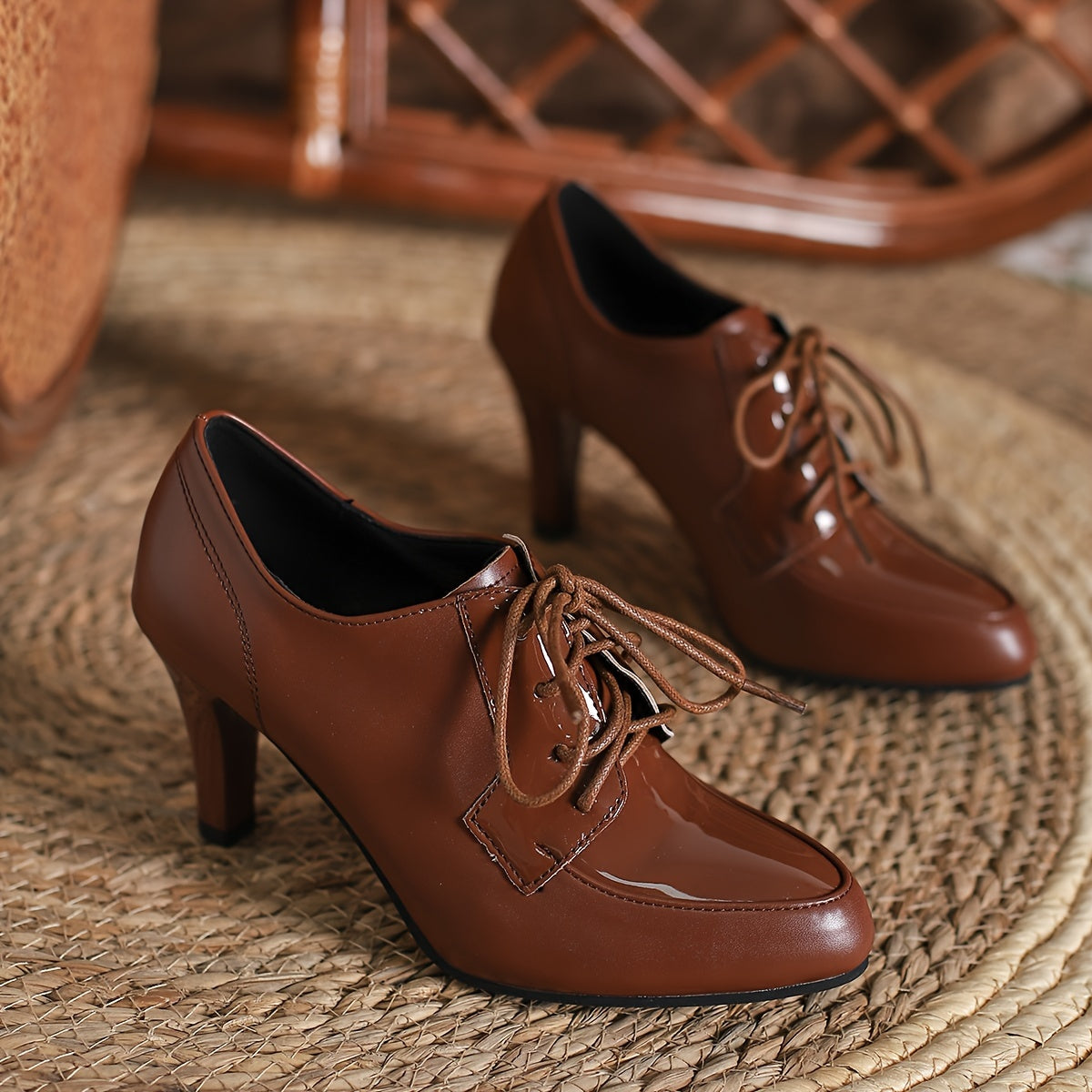 Women's Faux Leather Ankle Boots with Pointed Toe Lace-Up Heels