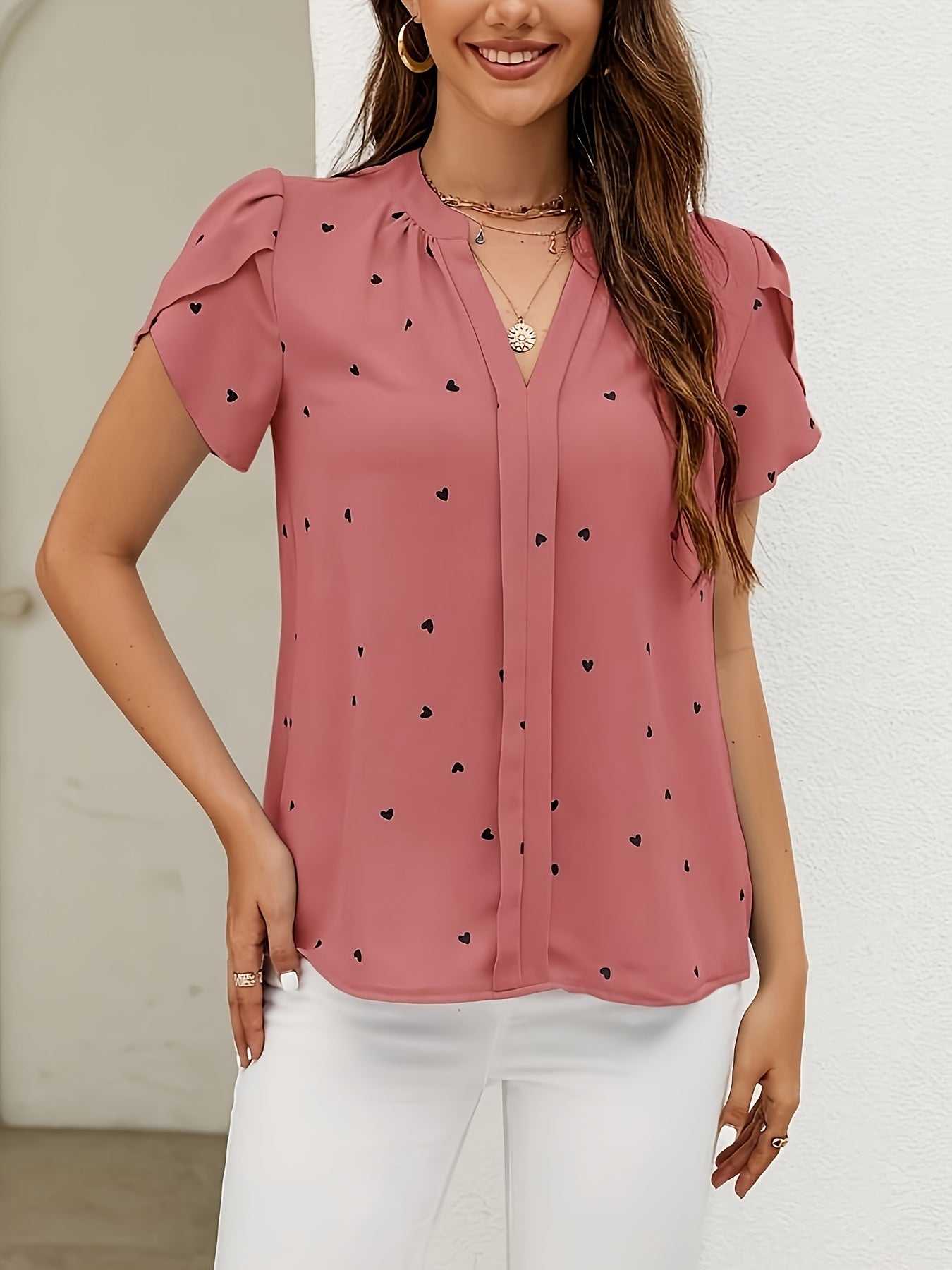 Light Blue Heart Pattern V-Neck Blouse for Women in Casual Polyester Spandex Petite