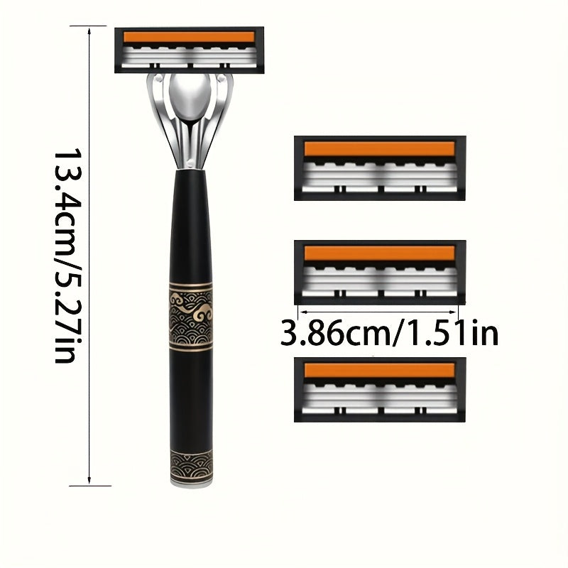 Juego de maquinillas de afeitar manual de acero inoxidable de 3 capas para hombres con hojas de repuesto
