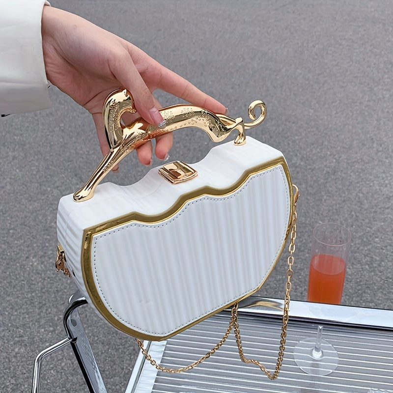 White Clutch Bag with Gold Chain Strap and Kiss Lock Closure for Daily Use