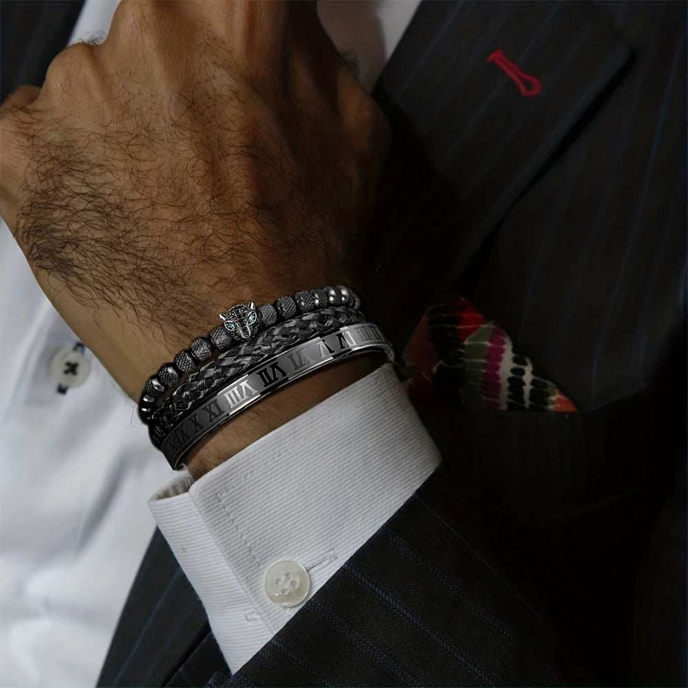 Handmade Woven Bracelets for Men with Leopard Head Roman Numerals Stainless Steel Beads
