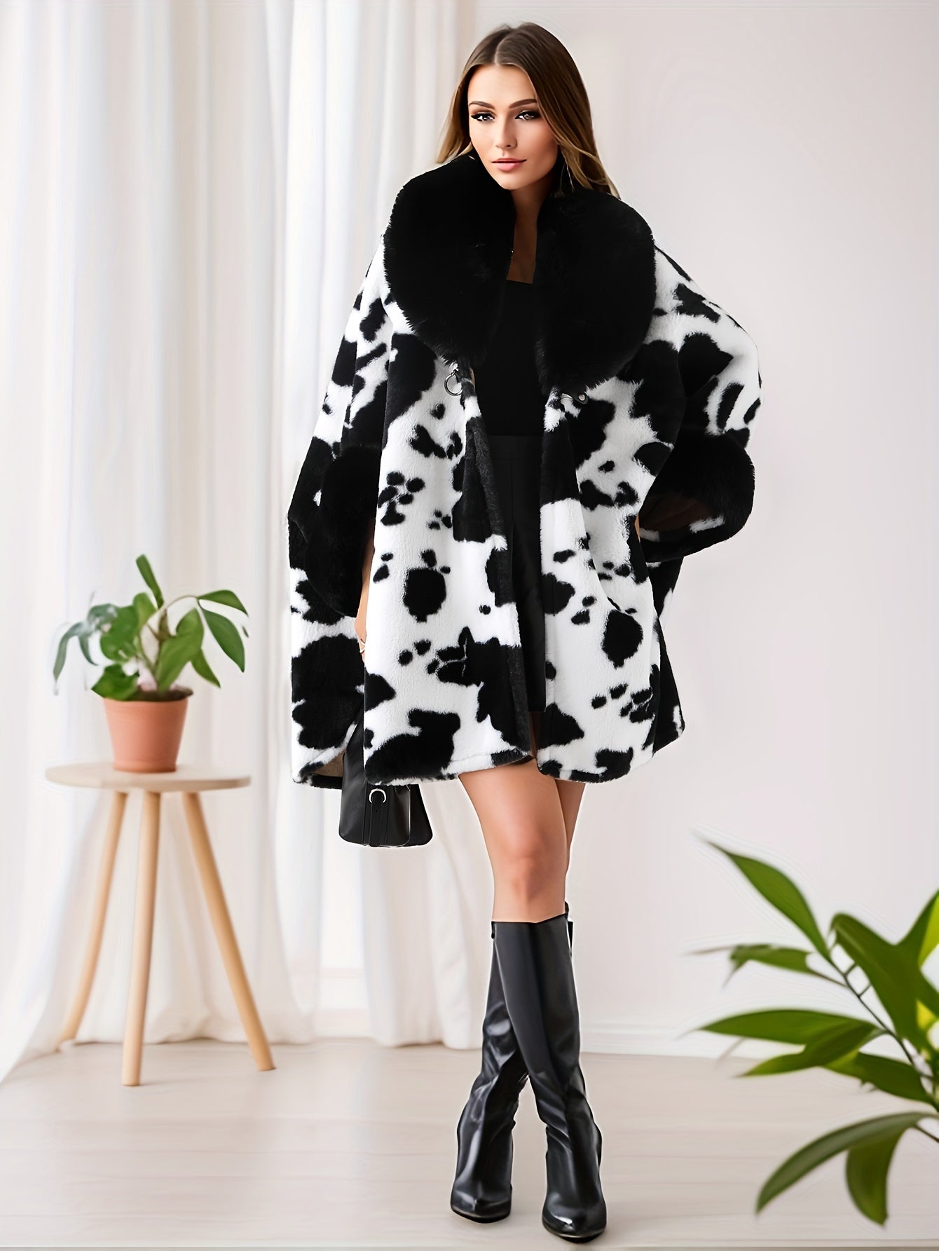 Hayvon naqshli qalin sun'iy mo'ynali yarasa uslubidagi kardigan.