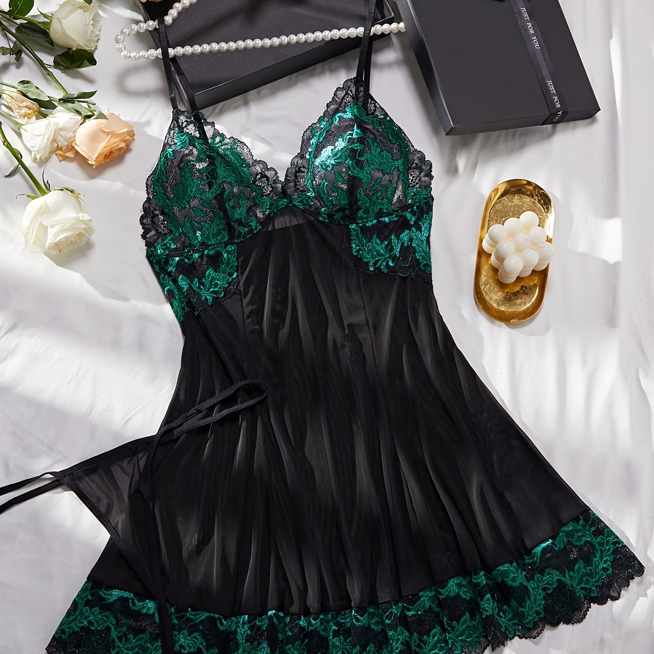 Women's Plus Size Valentine's Day Lace Mesh Babydoll and Thong Lingerie Set