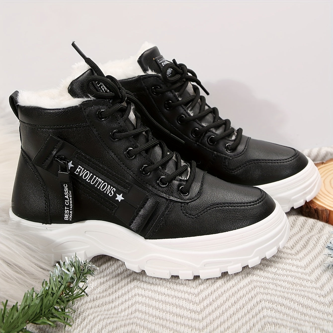 Women's Fleece-Lined Winter Boots High-Top Lace-Up Sneakers Black Beige White