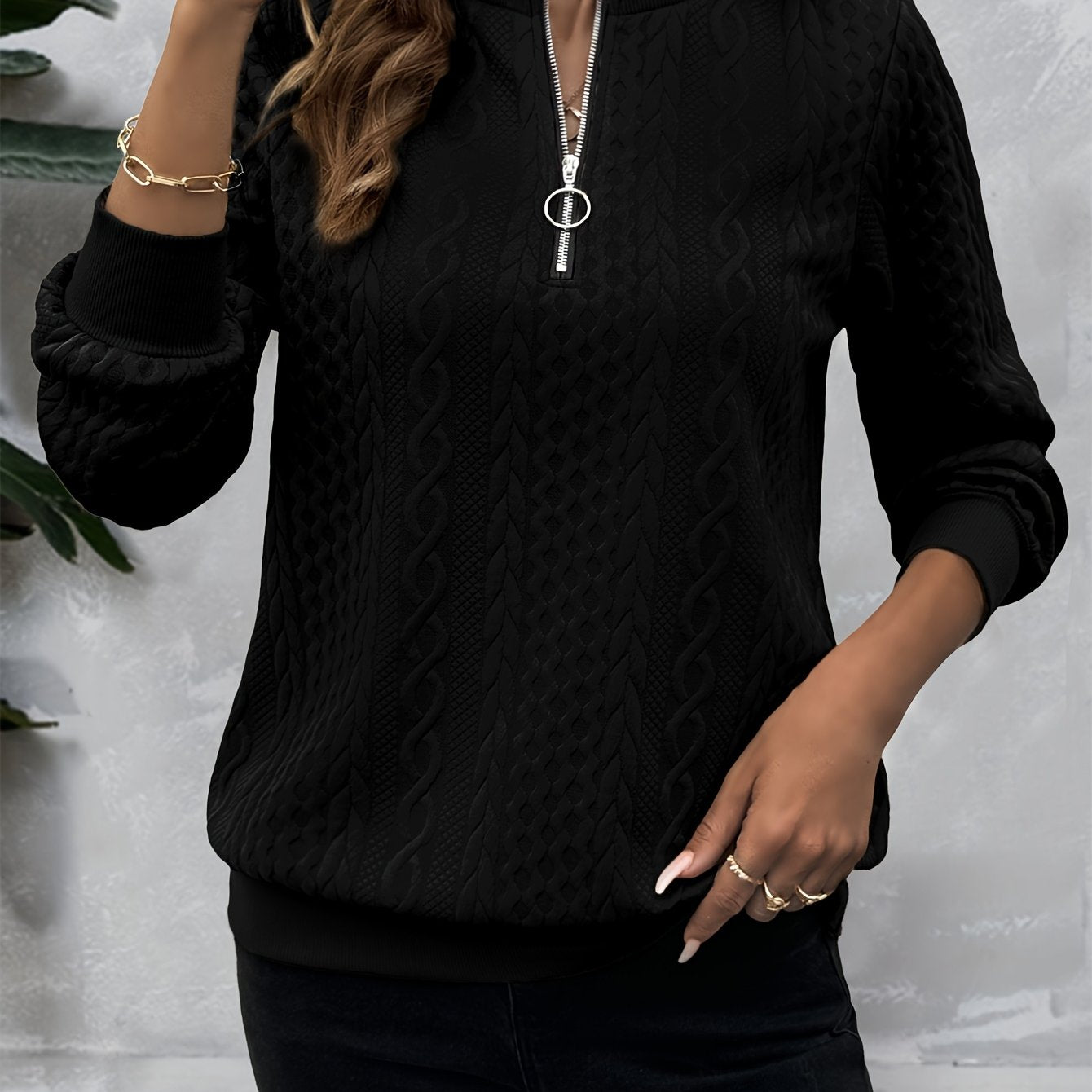 Women's Textured Solid Zip Crew Sweatshirt Fall Winter Polyester Knit Crew Neck