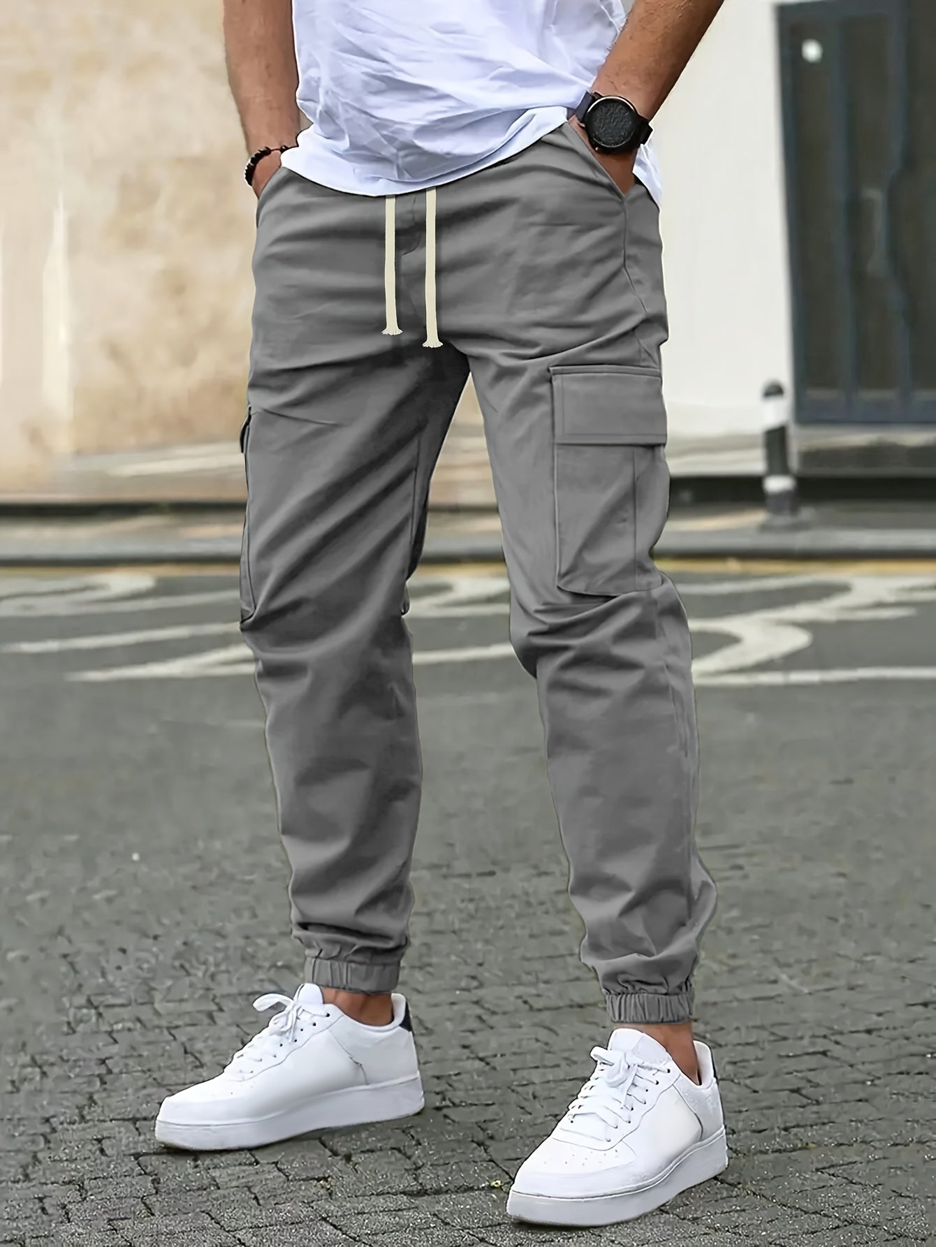 Men's Polyester Cargo Pants Solid Color Casual Summer Outdoor with Side Pockets