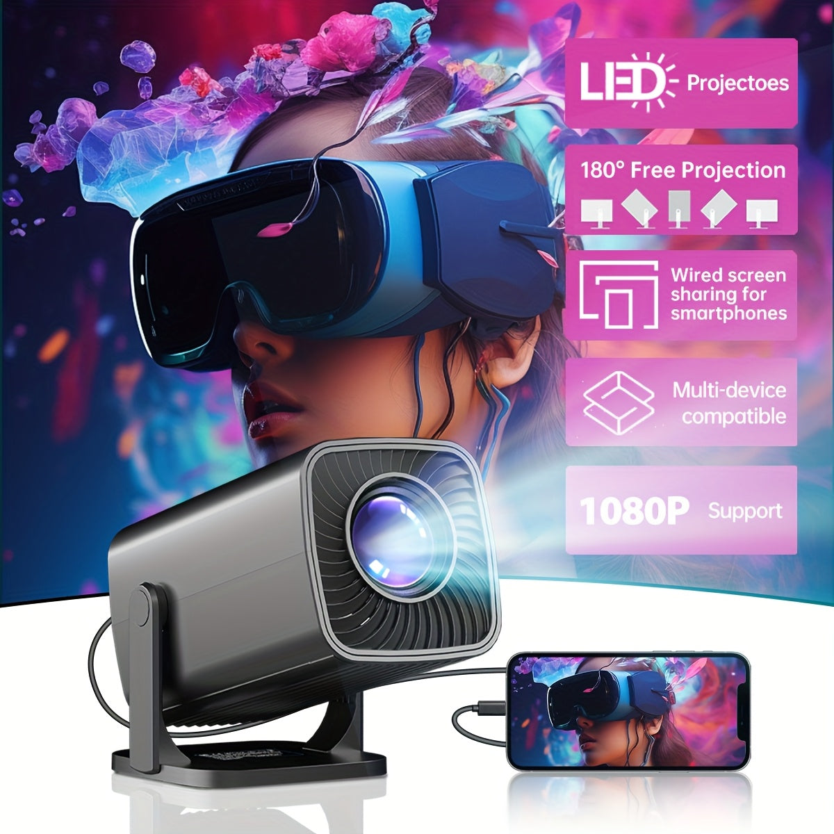 Portable Video Projector for Home Theater 1080P USB Compatible With Remote