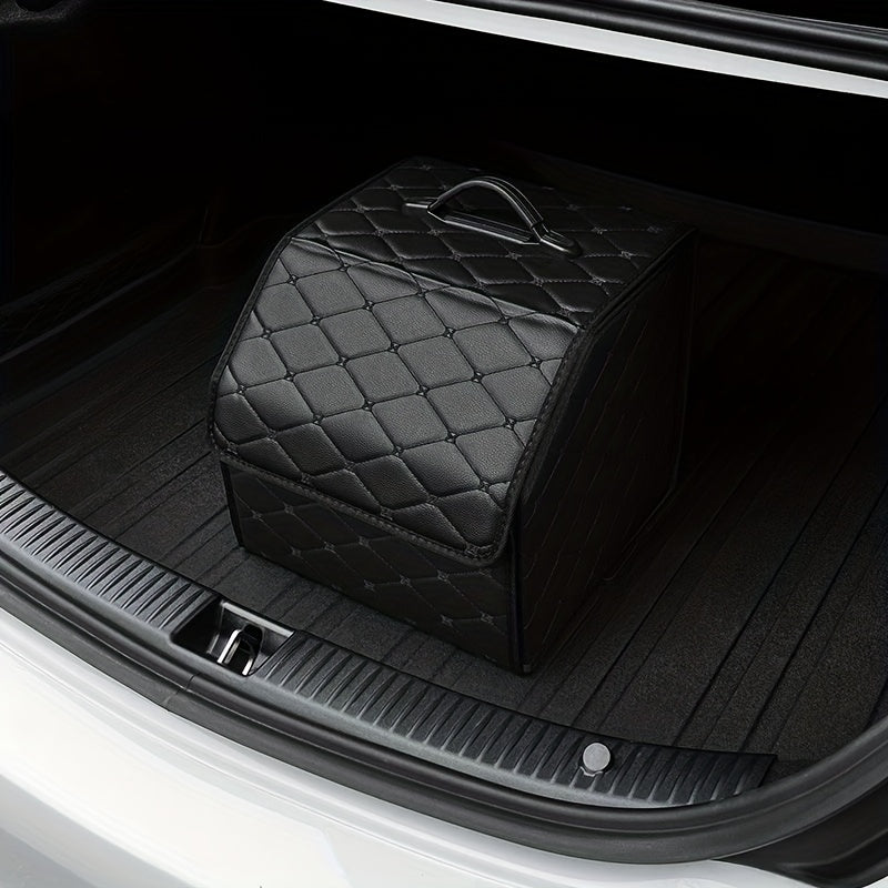 Premium PU charmli avtomobil yukxonasini tashkil etuvchi, yig'iladigan yuk saqlash qutisi va tortish montaji bilan. O'yinchoqlar, oziq-ovqat va boshqa narsalar uchun ko'p funksiyali, qora rangdagi zamonaviy dizayn va olmos tikuv naqshiga ega.