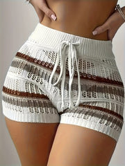 Plus Size Striped Print Drawstring Shorts Casual Elastic Waist Women's Summer Clothing