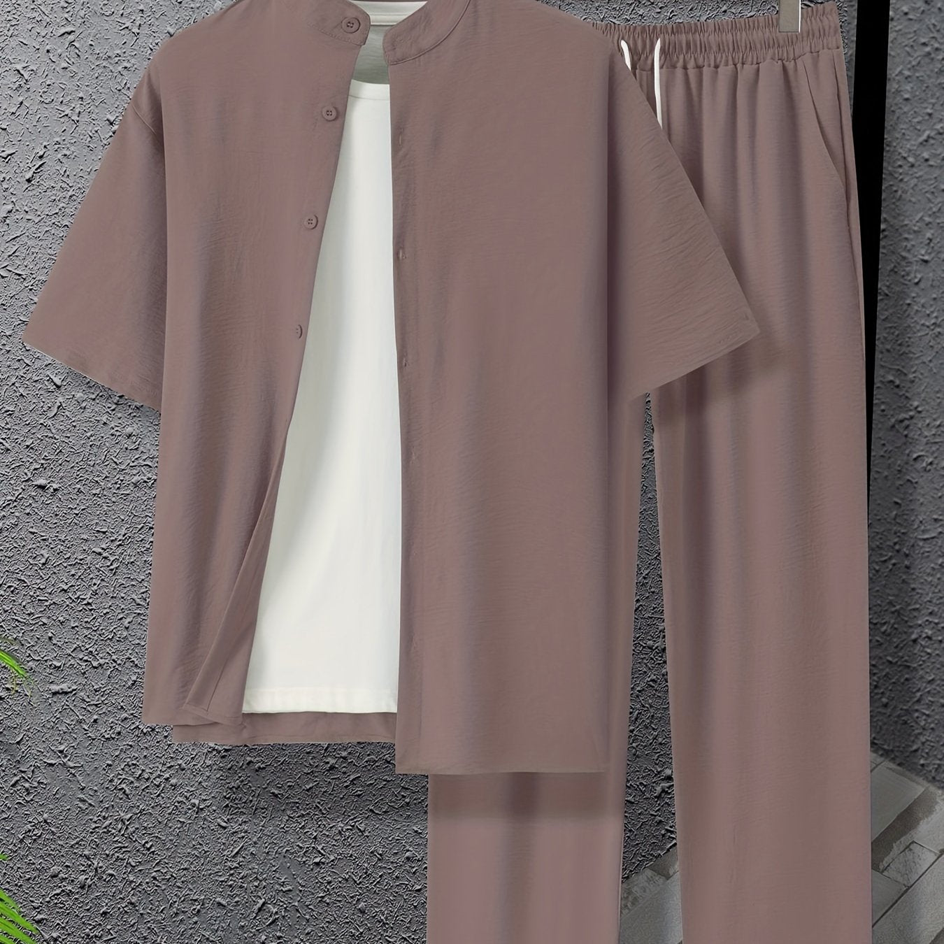 Conjunto de camisa de botones con cuello band y pantalones con cordón de talla grande para hombres, ideal para deportes y ocio