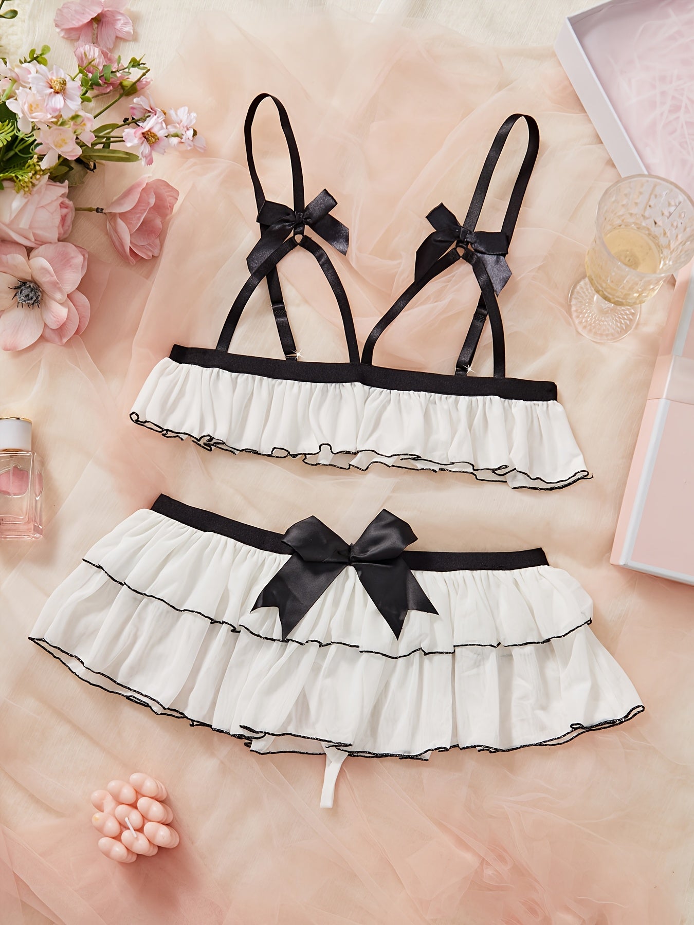 Sheer Lace Bowknot Lingerie Set for Women