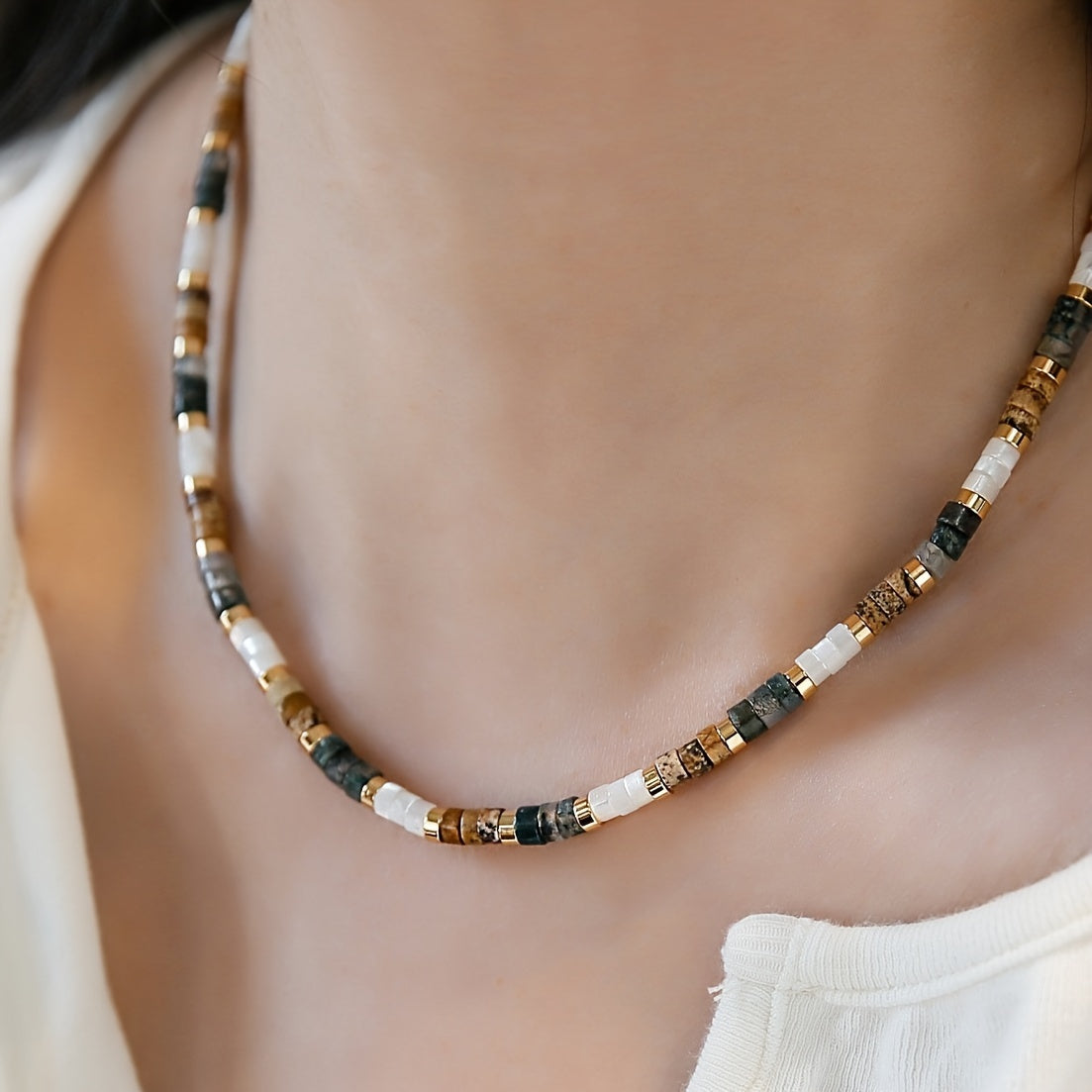 Ayollar uchun tabiiy tosh marjonlari bilan zamonaviy vintage boho-chic marjon - partiyalar va sovg'alar uchun ideal, jonli va nozik yaka marjoni