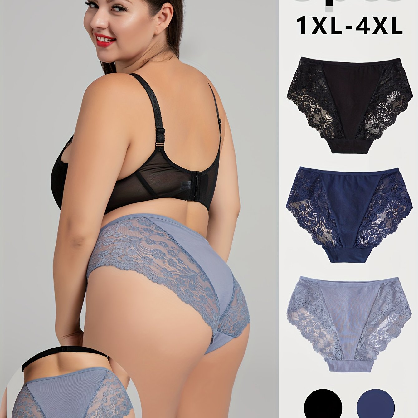 3-Pack Plus Size Lace Panties High-Waisted Floral Breathable Stretch Briefs