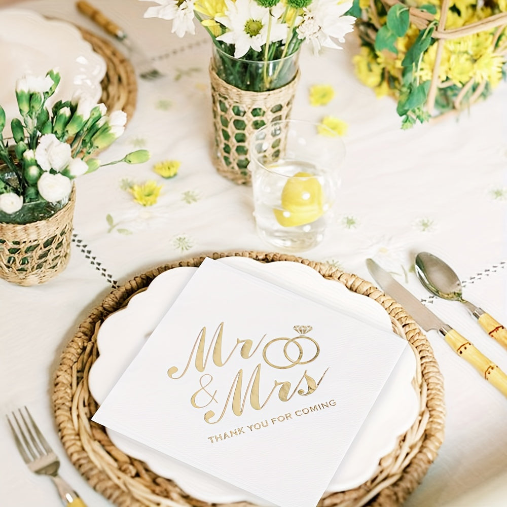 Pack of 100 Disposable Napkins with Mr and Mrs Ring Print for Weddings and Parties