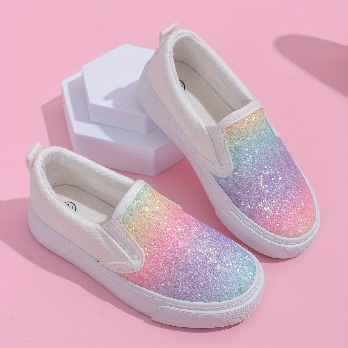 Girls' Rainbow Glitter Slip-On Sneakers Lightweight Canvas Rubber Sole Casual School Sports