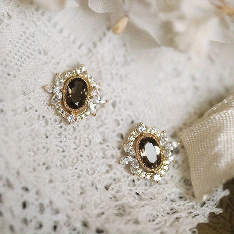 Sterling Silver Stud Earrings for Women with Brown Zirconia Decor