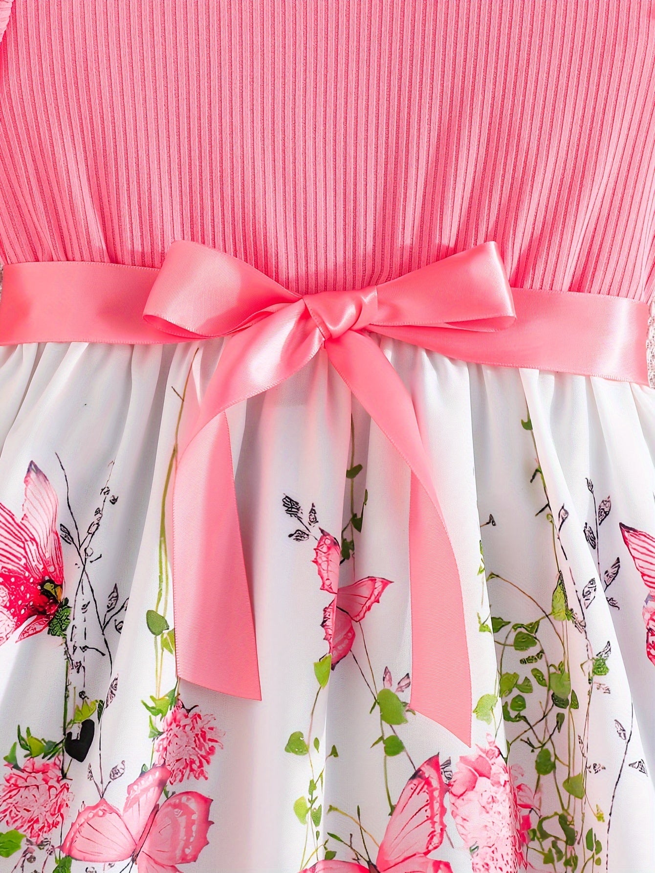 Girls Summer Butterfly Print Midi Dress Set with Belt and Ribbed Sleeves