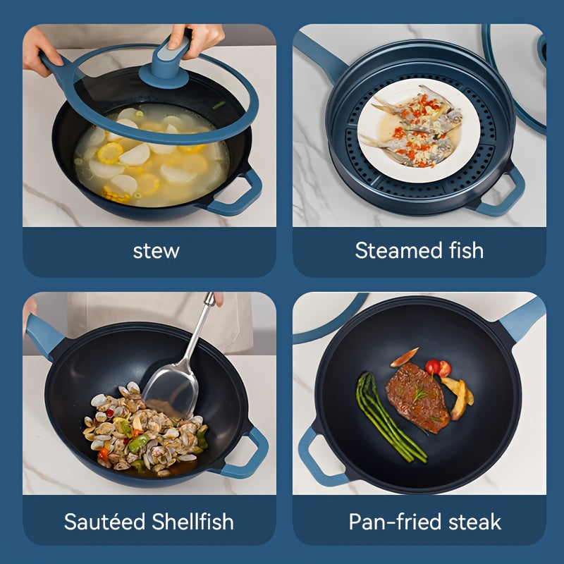 "Ecowin Non-Stick Blue Diamond Coated Wok with Steamer" ni taqdim etamiz - 27.94 sm/32.0 sm katta o'lchamlarida mavjud, bu wok mustahkam, korroziyaga chidamli va barcha plitalar bilan mos keladigan qilib ishlab chiqarilgan. Kuzda pishirish uchun mukammal.