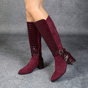 Wine Red Mid-Heeled Knee-High Boots with Pointed Toe and Side Zippers