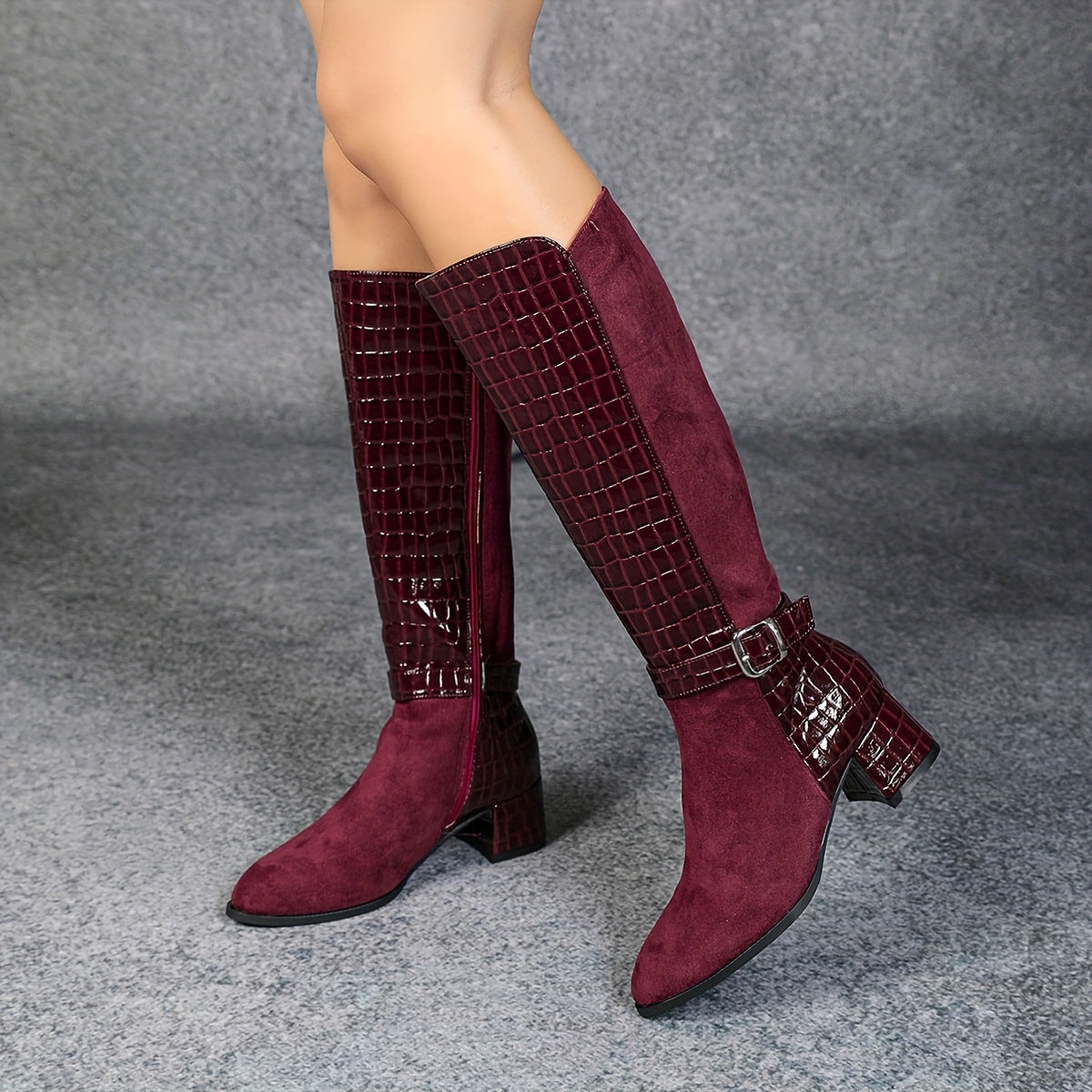 Wine Red Mid-Heeled Knee-High Boots with Pointed Toe and Side Zippers